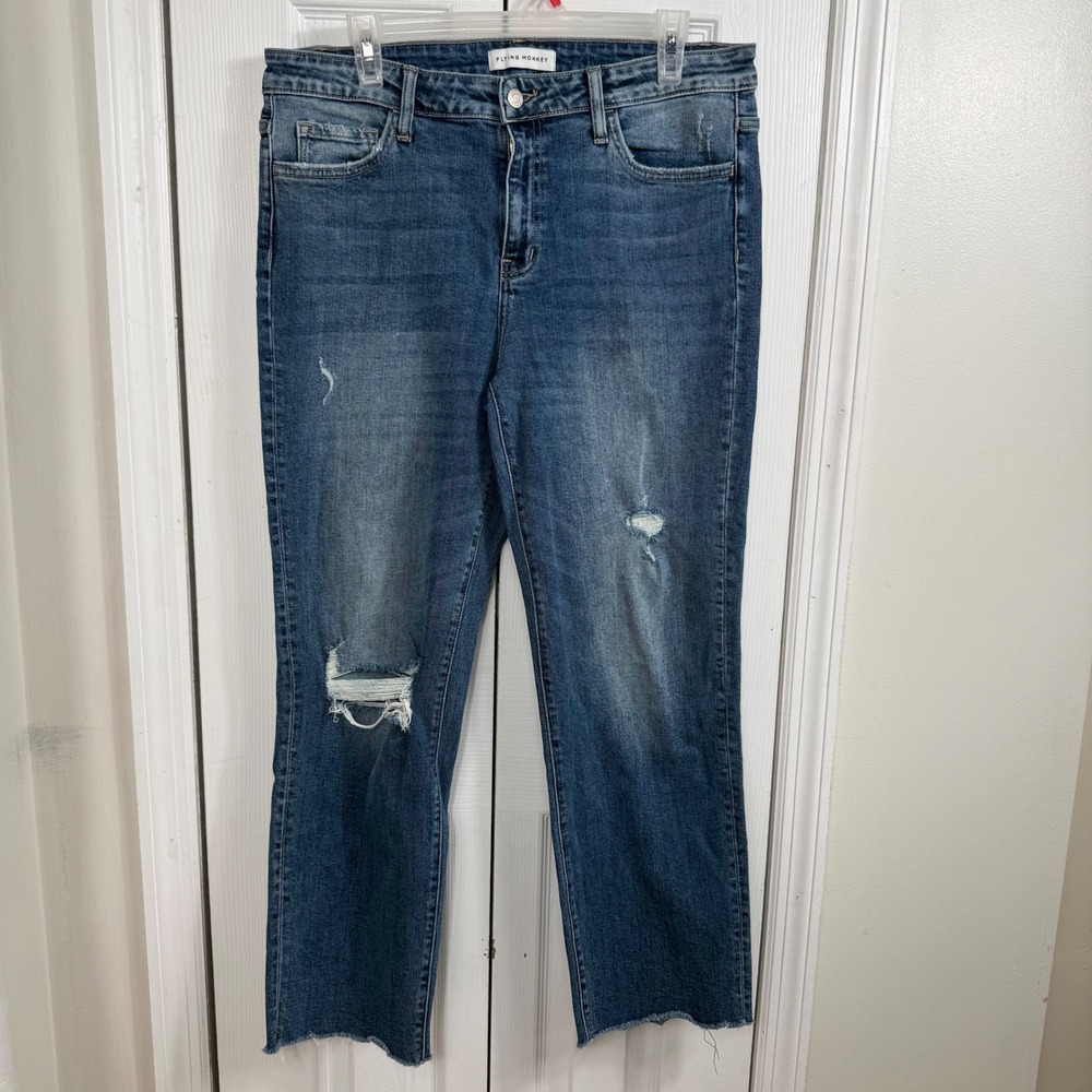 Flying Monkey Distressed Jeans 31 Blue Raw Hem Straight Leg Y2K Aesthetic